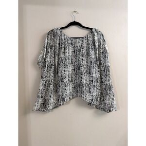 J/J Julie Haus 100% Silk Oversized Short Sleeve Blouse, SMALL, Cream/Black Print